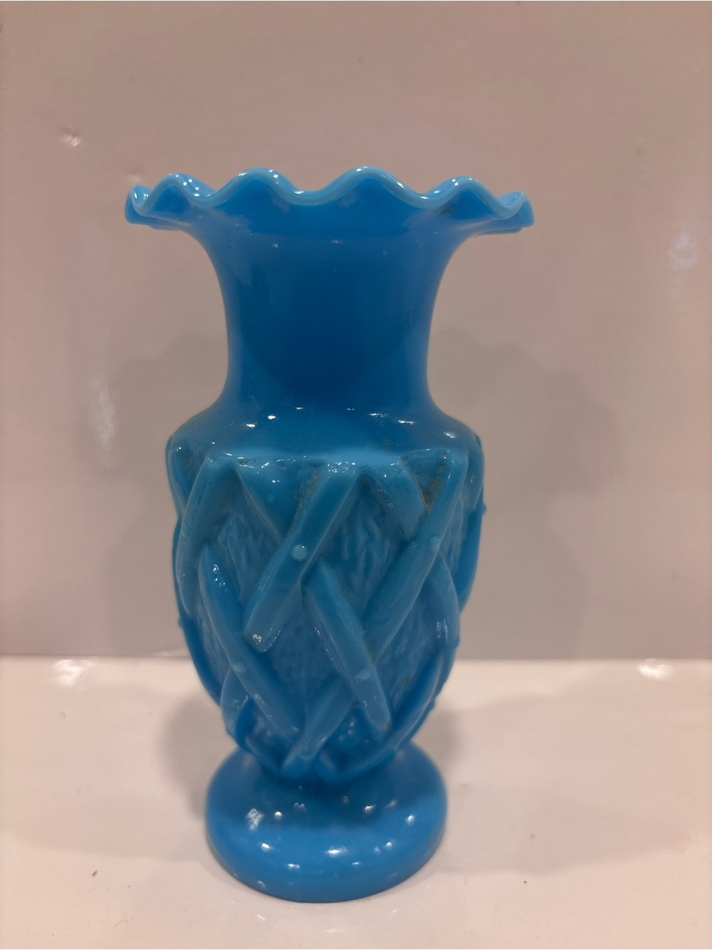 Vintage blue opaline milk glass bud vase w lattice pattern, ruffled rim 5.25”